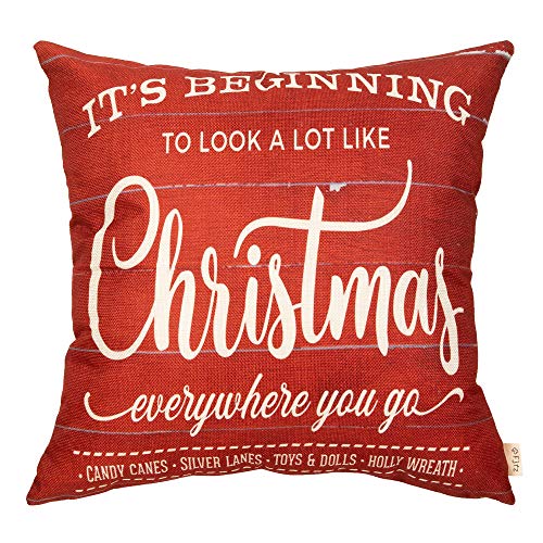 Product Cover Fjfz Retro Farmhouse Decorative Throw Pillow Cover It's Beginning to Look a Lot Like Christmas Red Sign Winter Holiday Decoration Rustic Home Décor Cotton Linen Cushion Case for Sofa Couch, 18