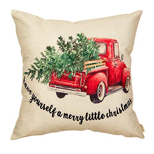 Product Cover Fjfz Farmhouse Decorative Throw Pillow Cover Have Yourself a Merry Little Christmas with Red Truck Sign Winter Holiday Decoration Rustic Home Décor Cotton Linen Cushion Case for Sofa Couch, 18