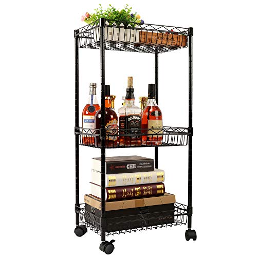 Product Cover YOHKOH 3-Tier Metal Rolling Utility Cart, Storage Trolley Cart with Mesh Baskets and Lockable Wheels Adjustable Shelves for Bathroom Kitchen Office Black