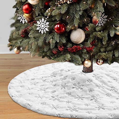 Product Cover Dremisland Christmas Tree Skirt, 36 inches White&Silver Luxury Faux Fur Tree Skirt with Snowflakes Super Soft Thick Plush Tree Skirt for Xmas Tree Decoration (Silver, 36inch/90cm)