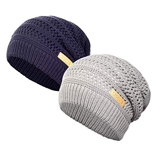 Product Cover CXGCLUB Beanie Hat for Men and Women Winter Warm Ultrafine Knit Fleece Hat Ski Slouchy Skull Cap (Dark Blue + Light Grey)
