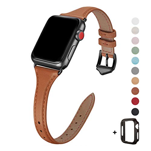 Product Cover WFEAGL Leather Bands Compatible with Apple Watch 38mm 40mm 42mm 44mm, Top Grain Leather Band Slim & Thin Replacement Wristband for iWatch Series 5/4/3/2/1 (Brown Band+Black Adapter, 38mm 40mm)