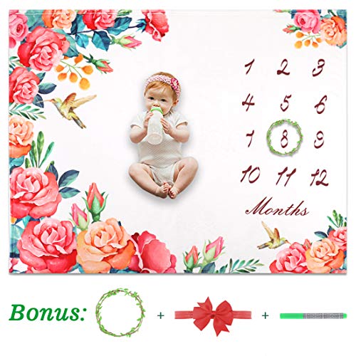 Product Cover HOMTEN Baby Monthly Milestone Blanket for Boy or Girl 12 Months Blanket Thick Fleece Memory Blanket Newborn Photography Prop Includs Head Band/Fabric Marker/Hemp Rope Marking - Large 50