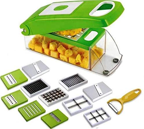 Product Cover RYLAN Multi-Purpose Plastic Vegetable and Fruits Grater, Chipser Chopper, Slicer, Cutter and Dicer with 11 Stainless Steel Blades and 1 Pillar, Vegetable Chopper for Kitchen (Green)