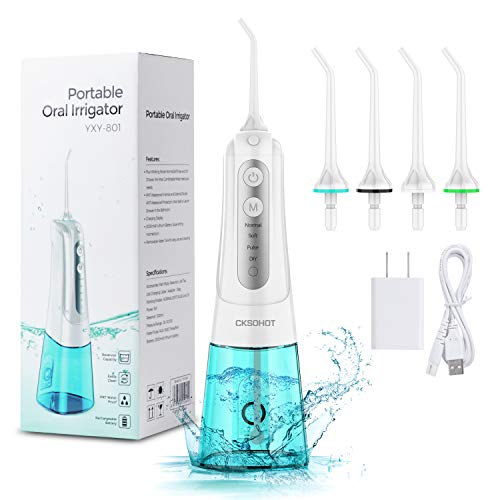 Product Cover Cordless Water Flosser Teeth Cleaner, CKSOHOT 300ML Portable and USB Rechargeable Oral Irrigator for Travel, IPX7 Waterproof, 4-Mode Water Flossing with 4 Jet Tips for Home (Blue)