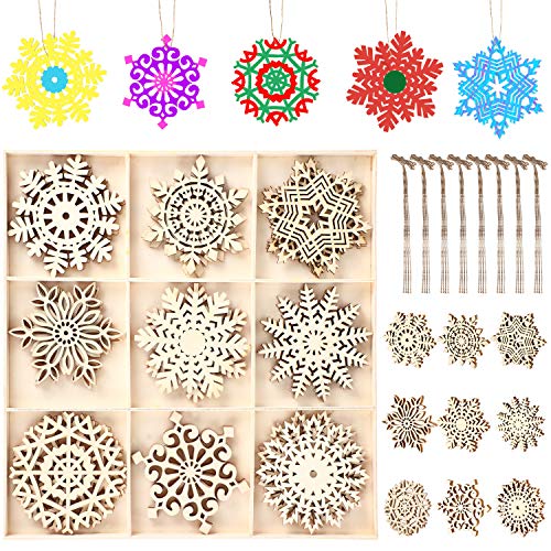 Product Cover 27 Pieces Wooden Snowflake-Shaped Ornaments Hanging Wood Hollow Snowflake Christmas Wooden Decoration with Ropes for Christmas DIY Favors