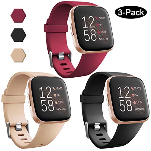 Product Cover GEAK Sports Bands for Fitbit Versa/Fitbit Versa 2/Fitbit Versa Lite,Soft Waterproof Wristbands Accessories Compatible Fitbit Versa Smartwatch for Women Men,3 Pack,Small Black/Red/Walnut