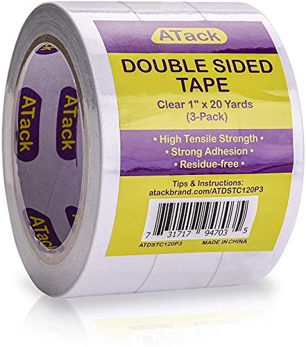 Product Cover ATack Clear Double-Sided Tape, 1 Inch x 20 Yards (3-Pack), Tear by Hand, Wall Safe Heavy Duty Double Sides Self Sticky Wall Fabric Tape for Wood Templates, Furniture, Leather, Curtains and Craft