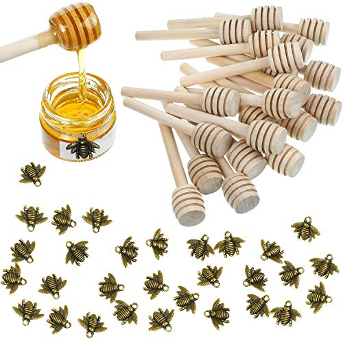 Product Cover 24 Pieces 3 Inch Wood Honey Dipper Sticks and 50 Pieces Honeybee Charm Pendants Set for Honey Jar Dispense Drizzle Honey DIY Craft Jewelry Making Accessory
