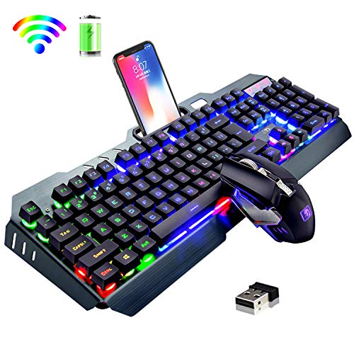 Product Cover Wireless Keyboard and Mouse,Rainbow LED Backlit Rechargeable Keyboard Mouse with 3800mAh Battery Metal Panel,Mechanical Feel Keyboard and 7 Color Gaming Mute Mouse for Windows Computer Gamers（Rainbow）