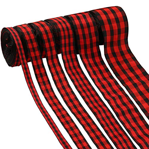 Product Cover 60 Yards Christmas Plaid Burlap Ribbon Christmas Gingham Wrapping Ribbon for Christmas Crafts Decoration Floral Bows Craft, 6 Sizes (Red, Black)