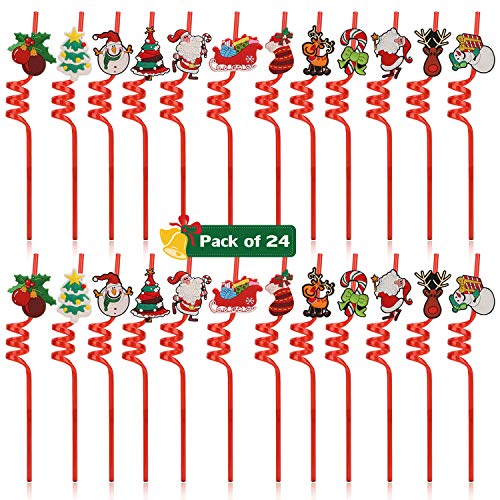 Product Cover Konsait 24pcs Christmas Drinking Straws, with Cartoon Decorations Red Christmas Party Drinking Plastic Straws for Christmas New Year Party Birthday Wedding Party Decoration Accessories