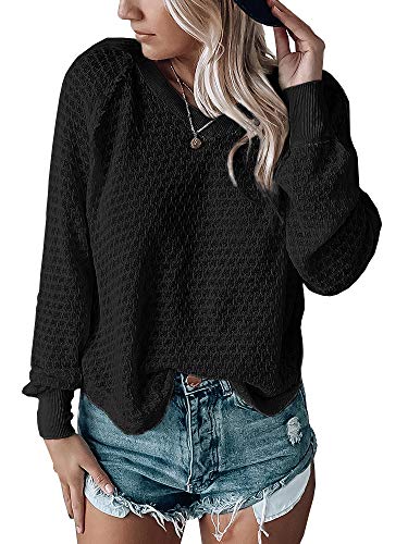 Product Cover CNJFJ Womens V Neck Sweaters Long Sleeve Waffle Knit Oversized Fall Sweatshirt Black