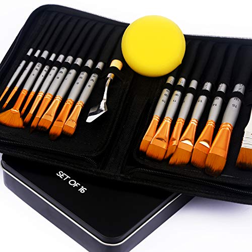 Product Cover BENICCI Paint Brush Set of 16 - 15 Different Shapes + 1 Flat Brush - with Pallete Knife and Sponge - Nylon Hair and Ergonomic Non Slip Matte Silver Handles - with Standable Organizing Case & Tin Box