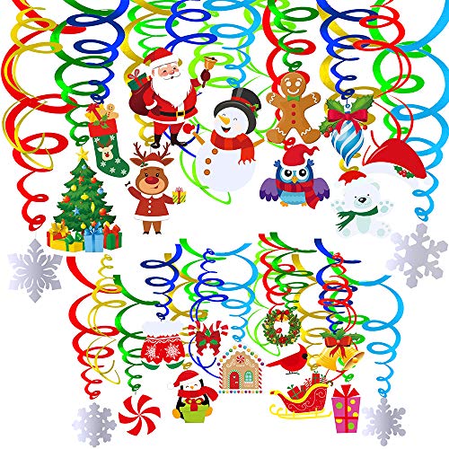 Product Cover Winlyn 40 Pcs Christmas Hanging Swirl Foil Party Swirls Streamers with Assorted Santa Snowmen Stockings Foil Snowflake Gingerbread Man Reindeer Cutouts for Xmas Holiday Ceiling Backdrop Decorations