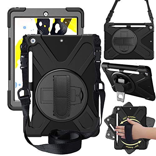 Product Cover CWNOTBHY iPad 7th Generation Case, iPad 10.2 2019 Case, Heavy Duty Shockproof Protective Case with 360 Rotate Stand/Hand Strap/Shoulder Strap for ipad 7th Gen 10.2 Inch 2019, Black