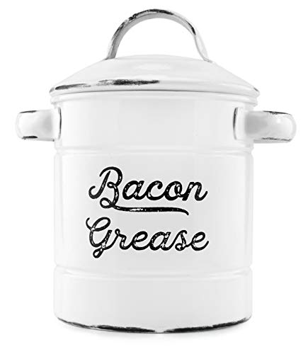 Product Cover AuldHome Grease Container, White Enamelware Bacon Grease Can with Strainer, Farmhouse Style, Keto-Friendly