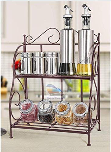Product Cover Classic Shoppe 2-Tier Foldable Wrought and Cast Iron Spice Shelf Rack Kitchen Bathroom Countertop Storage Organizer (Black)