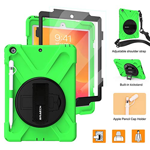Product Cover BRAECNstock New iPad 10.2 Case 2019,[Built-in Screen Protector][with Pencil Holder][Pencil Cap Holder] Heavy Duty Shockproof with Kickstand/Hand Strap Case for iPad 7th Generation 2019 10.2