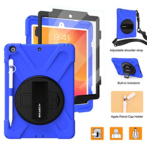 Product Cover iPad 10.2 2019 Case,BRAECNstock iPad 7th Generation Case[Built-in Screen Protector] Heavy Duty Shockproof with Pencil Holder/Kickstand/Hand Strap Rugged Case for iPad 10.2 Inch-Blue