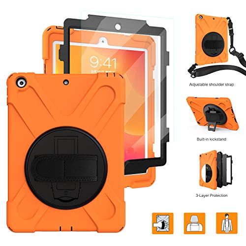 Product Cover iPad 2019 Case,BRAECNstock New iPad 7th Generation Case[Built-in Screen Protector] Heavy Duty Shockproof with Kickstand/Hand Strap Rugged Case for iPad 10.2 Inch 2019-Orange