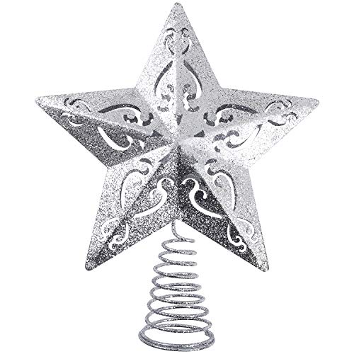 Product Cover Aneco 8 Inches Glittered Christmas Tree Topper Metal 5 Point Star Treetop Xmas Tree Decoration Wire Star Treetop for Home Holiday Decor (Silver, 8 Inches)