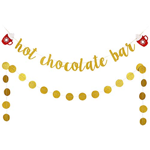 Product Cover Gold Glittery Hot Chocolate Bar Banner and Gold Glittery Circle Dots Garland- Christmas Party Decorations,Brunch Party Decorations,Bridal Shower Party Decor,Home Decor