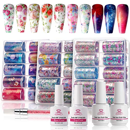 Product Cover Makartt Nail Art Foil Glue Gel with Flower Starry Sky Star Foil Stickers Set Nail Transfer Tips Manicure Art DIY Nail Decoration Kit 15ML, 30PCS (4cm100cm) Stickers, UV LED Lamp Required