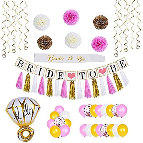 Product Cover 56pcs Bridal Shower Decoration Kit - Wedding Party Supplies - Bride to Be Sash, Swirl, Pompom Flowers, Glitter, Banner, Tassels, Foil Balloons - Engagement and Bachelorette Decor by NIAPSE