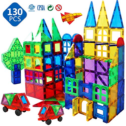 Product Cover Magnet Building Tiles 130 Pcs 3D Magnetic Construction Toy Set Preschool Toys for Boys Girls and Toddlers.