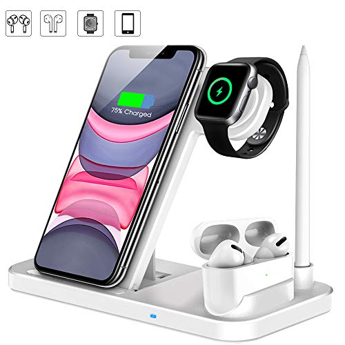 Product Cover Wireless Charger, QI-EU 4 in 1 Qi-Certified 10W Fast Charging Station Compatible Apple Watch Airpods iPhone 11/11pro/X/XS/XR/Xs Max/8/8 Plus, Wireless Charging Stand Compatible Samsung Galaxy
