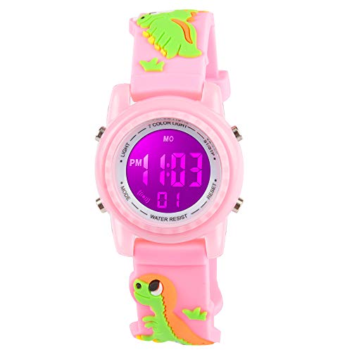 Product Cover Venhoo Kids Watches for Girls 3D Cartoon Waterproof 7 Color Lights Toddler Wrist Digital Watch with Alarm Stopwatch Birthday Gifts for 3 4 5 6 7 8 9 10 Year Girl Little Child-Pink Dinosaur