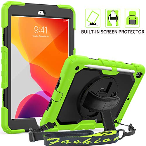 Product Cover SEYMAC iPad 10.2 2019 Case, Three Layer Full Body Prote Case with Built-in Screen Protector [Pencil Holder] 360 Rotating Stand Hand Strap & Shoulder Strap for 2019 New iPad 7th generation(Green/Black)