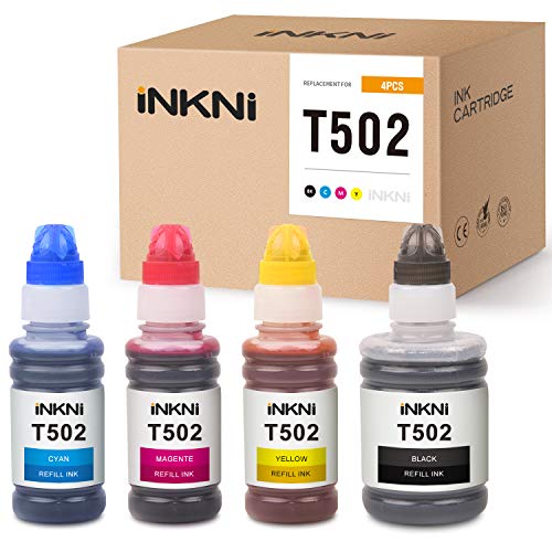 Product Cover INKNI Compatible Ink Bottle Replacement for Epson 502 T502 Refill Ink ET-2760 ET-4750 ET-4760 ET-3710 ET-3760 ET-2700 ET-2750 ET-3700 ET-3750 ST-2000 ST-3000 ST-4000 (Black,Cyan,Magenta,Yellow,4-Pack)