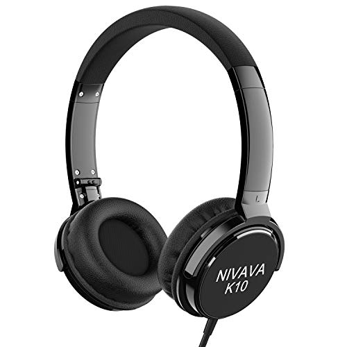 Product Cover Nivava On Ear Headphones with Mic Wired Foldable Lightweight Adjustable On Ear Headset with 3.5mm Jack for iPad Cellphones Computer Kindle Airplane, K10 (Black)