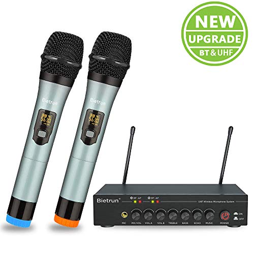 Product Cover Wireless Microphone with Bluetooth, Upgrade, UHF Dual Wireless Handheld Dynamic Mic System with Echo/Treble/Bass, 160 Ft Range, for Karaoke, TV, Phone, PC, Speaker, PA, Amplifier, Singing, Wedding