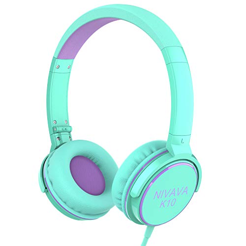 Product Cover Nivava On Ear Headphones with Mic Wired Foldable Lightweight Adjustable On Ear Headset with 3.5mm Jack for iPad Cellphones Computer Kindle Airplane, K10(Green&Purple)