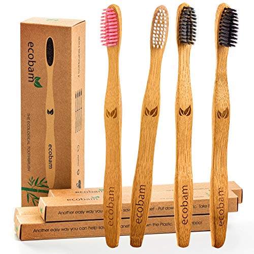 Product Cover Ecobam Bamboo Charcoal Toothbrush Eco Friendly Tooth Brushes Natural Biodegradable Vegan Organic Toothbrushes With Wooden Handle For Family and Kids