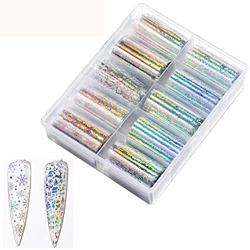 Product Cover 10Sheets 3D Nail Foils Holographic Nail Art Decoration Laser Halloween Transfer Decals Sticker Christmas Snowflakes Pattern DIY Sticker Transfer Decals Nail Art Stickers (Christmas 02)