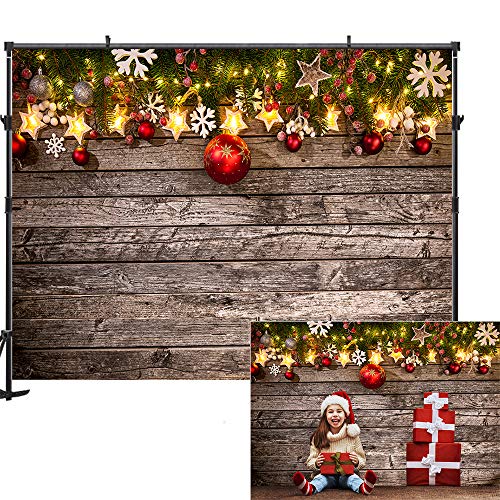 Product Cover Allenjoy 7x5ft Christmas Backdrop Wooden Wall Christmas Backdrops for Photography Red Ball Pine Tree Christmas Photo Backdrop Decorations New Year Party Christmas Photography Props