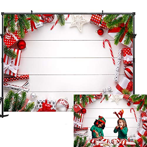 Product Cover Allenjoy 7x5ft White Wooden Christmas Backdrop Kids Christmas Photo Backdrop Green Branch Gift Christmas Backdrops for Photography