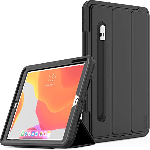 Product Cover iPad 7th Generation Case 10.2, Three Layer Heavy Duty [Shockproof Protection] Case with Magnetic Smart Cover Auto Sleep Wake Feature Folio Stand [Pencil Holder] for 2019 iPad 7th Gen 10.2-Black+Black