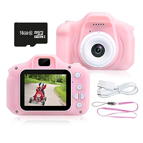 Product Cover Kids Camera 1080P HD Digital Video Camera Best Gift for Kids, 8.0MP Mini Children Camera Toys Funny Photo Frames Classic Puzzle Games，Safety Material Child Cartoon Camera Include 16G Memory Card(Pink)