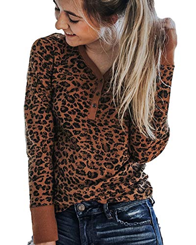 Product Cover BTFBM Women Leopard Print Shirts Tops V-Neck Buttons Long Sleeve Casual Relaxed Fit Ladies Pullover Blouses (Coffee, Medium)