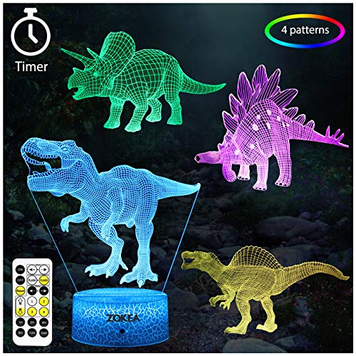 Product Cover ZOKEA Dinosaur Toys, Dinosaur Gifts for Boys 7 Colors Changing 3D Dinosaur Night Light (4 Patterns) with Timer & Remote Control & Smart Touch, Gifts for Boys Girls Age 2 3 4 5 6 7 8 Year Old Boy Gifts