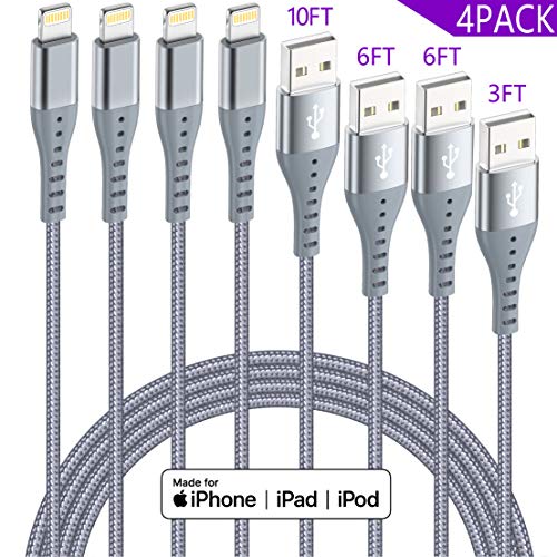 Product Cover iPhone Charger Lightning Cable XnewCable 4Pack(10ft 6ft 6ft 3ft) Apple MFi Certified Nylon Braided Long Fast USB Cord Compatible for iPhone 11Pro MAX Xs XR X 8 7 6S 6 Plus SE 5S 5C (Dark Gray)