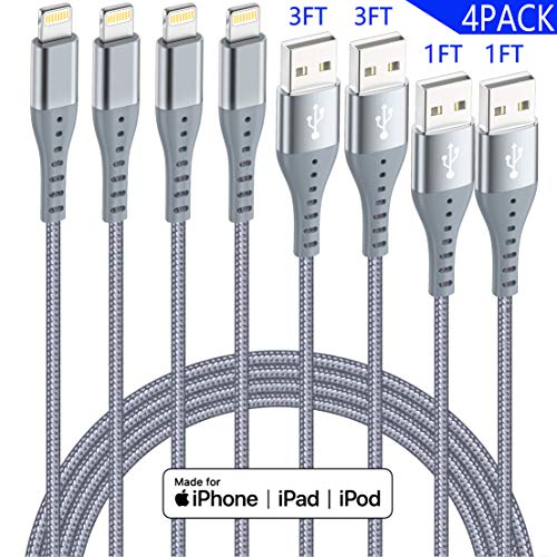 Product Cover XnewCable 4Pack(1ft 1ft 3ft 3ft) Lightning Cable iPhone Charger Apple MFi Certified Nylon Braided Long Fast USB Cord Compatible for iPhone 11Pro MAX Xs XR X 8 7 6S 6 Plus SE 5S 5C (Dark Gray)