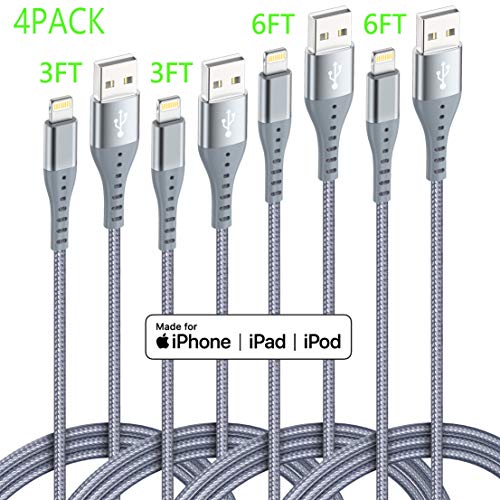 Product Cover Lightning Cable iPhone Charger XnewCable 4Pack(6ft 6ft 3ft 3ft) Apple MFi Certified Nylon Braided Long Fast USB Cord Compatible for iPhone 11Pro MAX Xs XR X 8 7 6S 6 Plus SE 5S 5C (Light Gray)