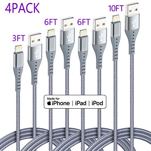 Product Cover iPhone Charger Lightning Cable XnewCable 4Pack(10ft 6ft 6ft 3ft) Apple MFi Certified Nylon Braided Long Fast USB Cord Compatible for iPhone 11Pro MAX Xs XR X 8 7 6S 6 Plus SE 5S 5C (Light Grey)