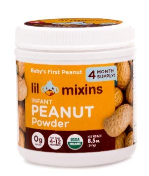 Product Cover Lil Mixins Early Introduction Peanut Powder. Lower Your Child's Chances of Peanut Allergies. 240g. Easily Stir into Baby Food. 0g of Sugar. 4-Month Supply.